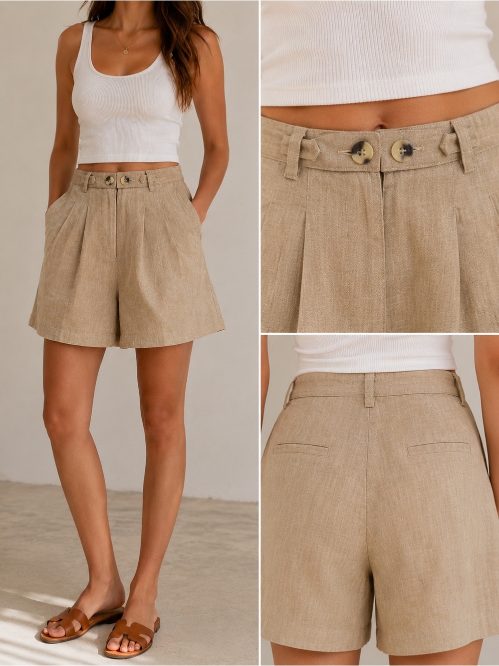 High-Waist Pleated Linen-Blend Shorts in Beige